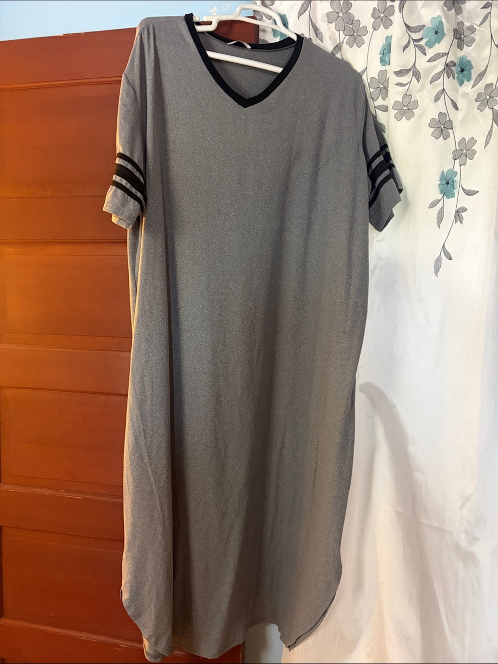 Women's Gray V-Neck Nightgown with Black Trim
